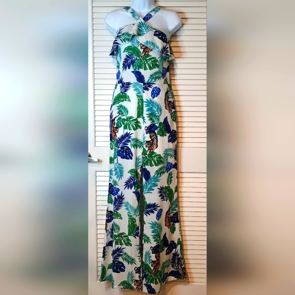 Valentina Tropical Print Jumpsuit - Green and Blue